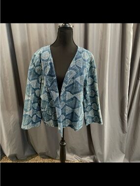 Eileen Fisher 100% organic cotton hand printed indigo cropped jacket XL